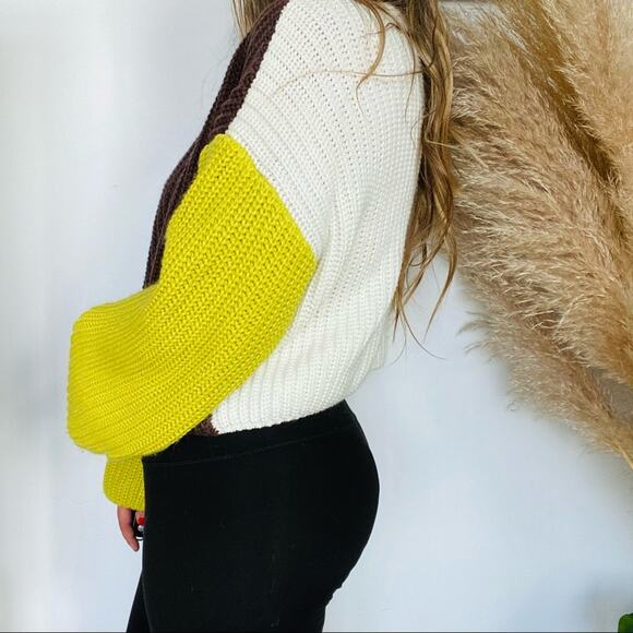 DOLLS KILL BLUE BLUSH White Brown Yellow Colorblock Chunky Knit Cozy Sweater S - Picture 6 of 11